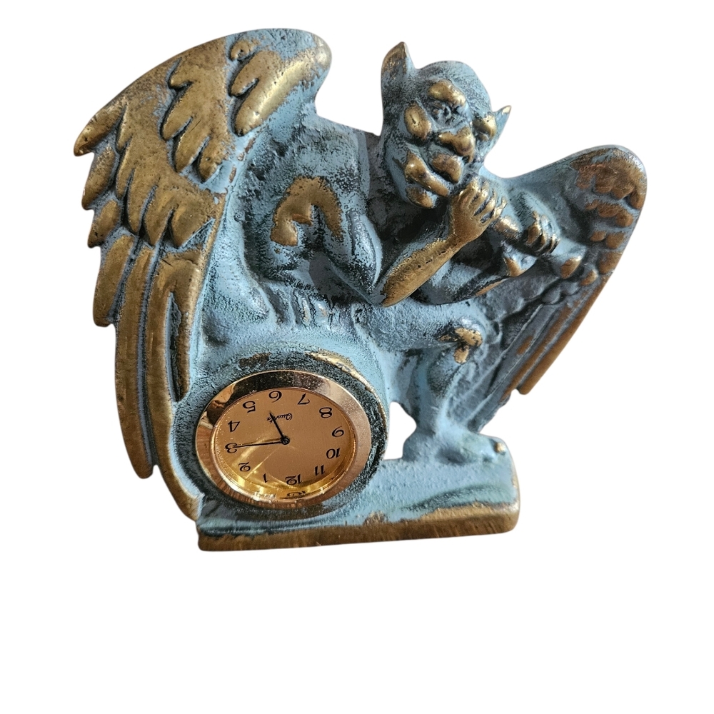 VINTAGE Gargoyle Clock Statue in Gold and Gray